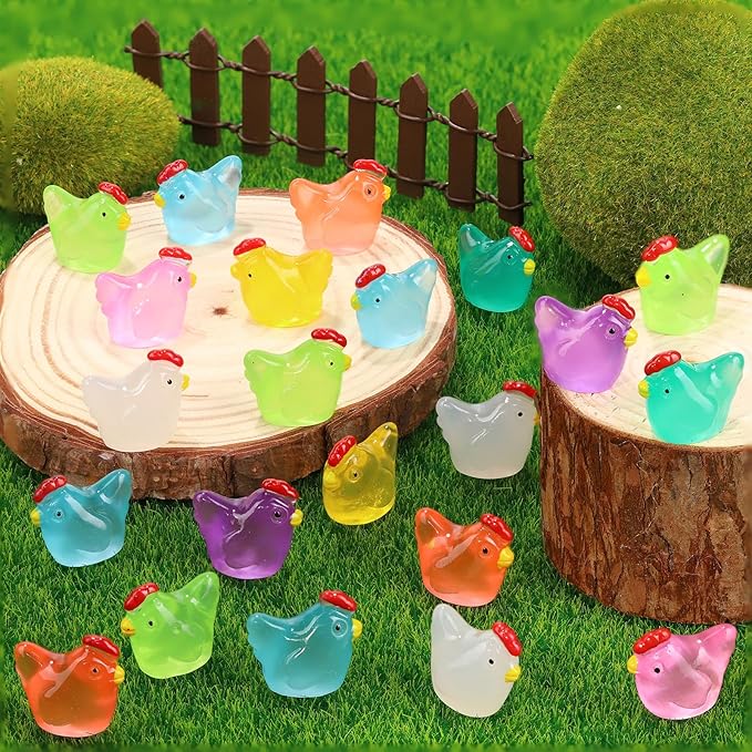 120Pcs Luminous Mini Chicken Figurines 8 Colors Glow in The Dark Tiny Small Little Resin Chicken to hide Miniature Resin Animals for Fairy Garden Party Potted Diy Dollhouse Micro Landscape Home Decor