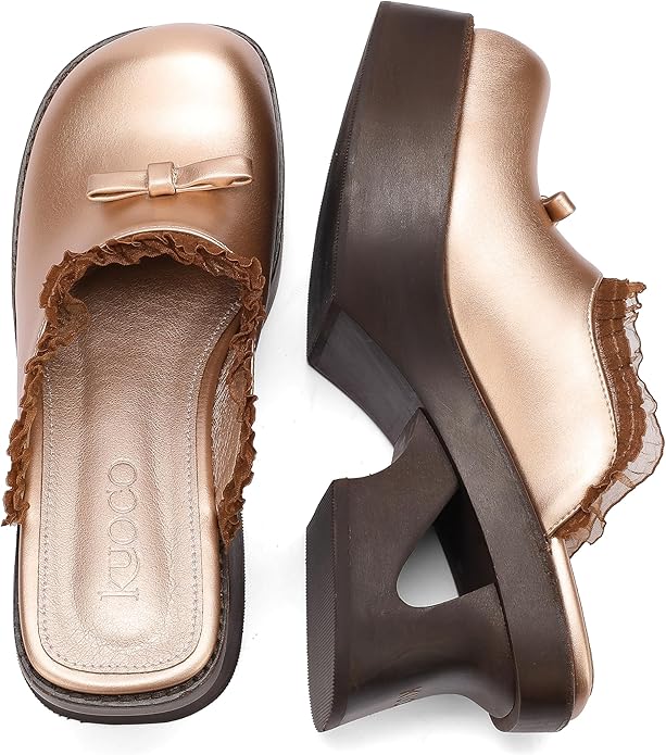 kuoco Handmade Swedish Wood Mules for Women Platform Low Heel Wooden Clogs Mules Open Back Faux Leather Clogs