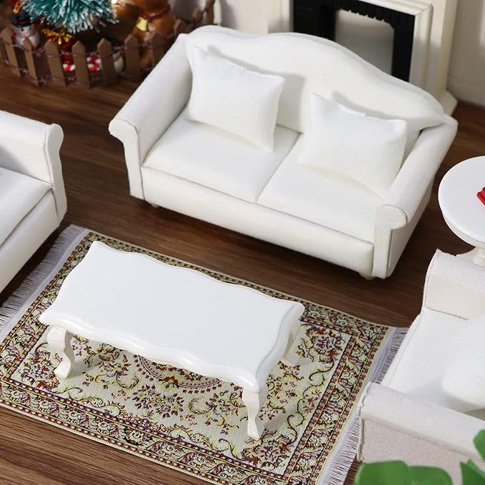 Dollhouse Couch Miniature Furniture Sofa with Pillows for Living Room Desktop Decoration Fabric Sofa Mini Home Scene Accessories Ornament (Double Sofa, White)