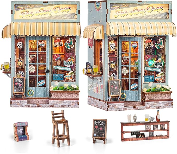 Bar Miniature House Kit,DIY Miniature Dollhouse Kit with Furniture & LED,Mini Diorama House Building Kit for Adults Teens,Tiny House Mini Model Kit 3D Wooden Crafts,Bookshelf & Home Decor Gifts