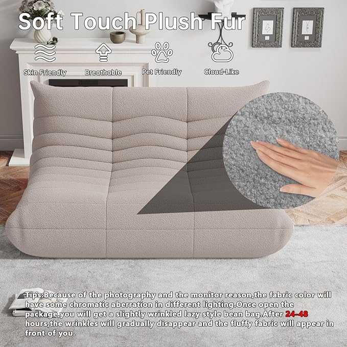 Bean Bag Chairs for Adults, BeanBag Reading Chair Memory Foam Couch 3-Seater, Floor Chair Soft Teddy Material, Comfy Reading Nook Chairs for Bedroom Living Room Office (Grey)