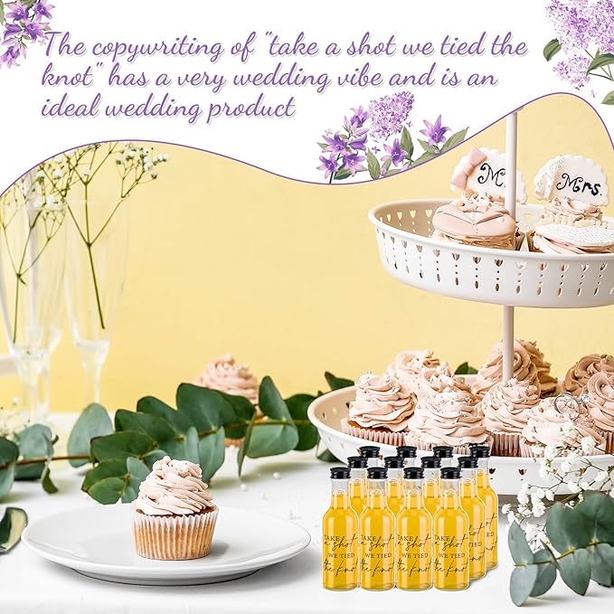 Bokon 100 Pcs Mini Wedding Liquor Bottles Take a Shot We Tied The Knot Shot Glasses for Guests 1.7 Fl Oz/ 50 ml Plastic Reusable Empty Bottle with Cap Funnel Acrylic Mini Glasses for Bridal (Black)
