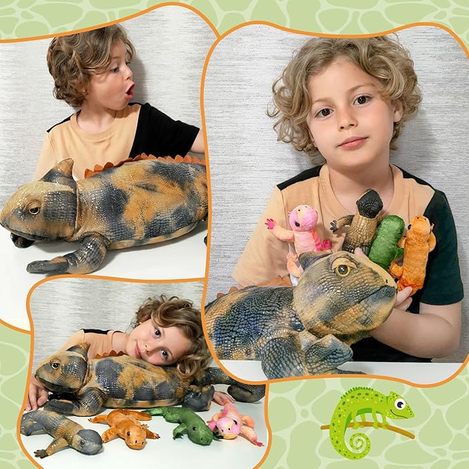 5Pcs Giant Lizard Plush, 27" Mother Iguana Stuffed Animal with 4 Baby Lizard Plushies, Bearded Dragon Plush Toy for Kids Boys Girls, Stuffed Chameleon for Christmas Birthday Gift, Gray