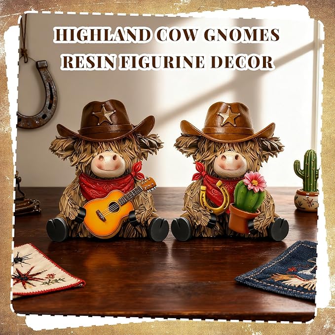 Burbell 2 Pcs Highland Cow Figurines Decor Cowboy Gnomes with Western Cowboy Hat Resin Statue Calf Lovers Gifts for Farmhouse Home Garden Bathroom Kitchen Office Tiered Tray Table Decor