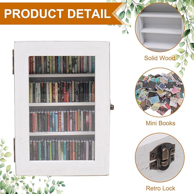 Anxiety Bookshelf Ornament With 100pcs Miniature Books| Anxiety Miniature Book Library | Small Wooden Pocket Bookshelf for Bookworms | Book Lovers Gift (White)