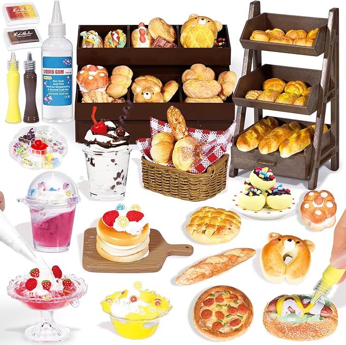 Crelloci Mini Bake Shop DIY Craft Kit, Resin Clay Café Play Set with Counter & Display Rack, Paints, Cream Glue & Molds, Realistic Pretend Bread, Cakes & Drinks, Creative Mini Food Toy for Kids 6+