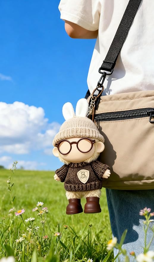 17cm Doll Clothes – 5-Piece Set, Hat + Sweater + Small Backpack + Glasses + Shoes, Cute and Premium Dolls Outfit Accessories (Khaki Brown)