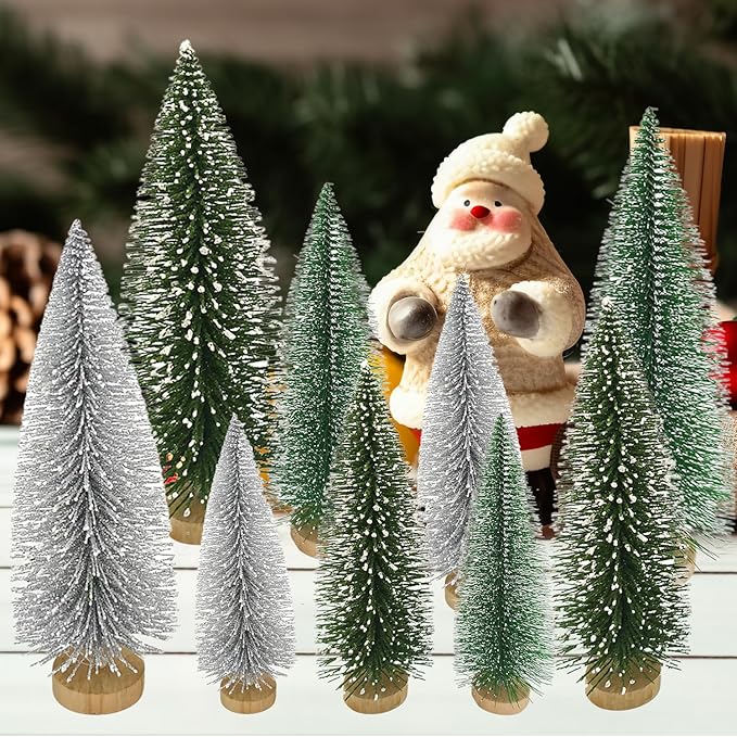 Yahpetes Christmas Trees 9 Pcs Artificial Bottle Brush Tabletop Trees Christmas Table Decorations for Xmas Holiday Party Decor (Silver,Green,Dark Green 9Pcs)
