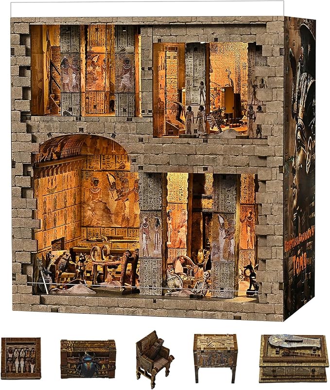 Book Nook Kit - Egyptian Pharaohs Tomb DIY Miniature House Kit for Adults and Teens, Dollhouse BookNook Tiny House, Bookshelf Decor 3D Wooden Puzzle, Unique Gifts for Family and Friends
