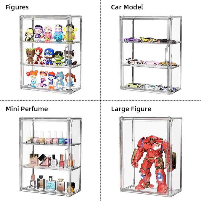 Clear 3 Tiers Acrylic Display Case for Figures Collectibles 2 Pack Wall Mounted Hobby Figurine Display Case with Shelves, Display Shelf Storage Box for Action Figures, Car Model, Funko
