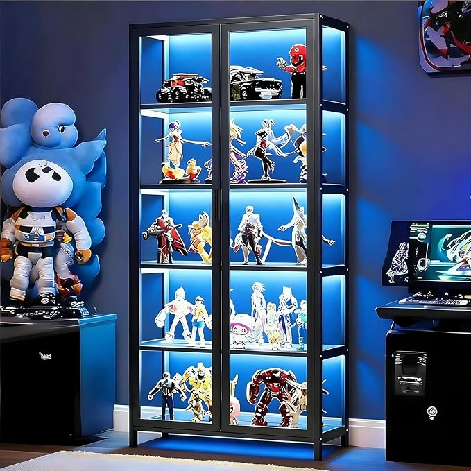 5 Tier Curio Display Cabinet with Acrylic Glass Door, Large Capacity Storage Cabinet Collectibles Toy Organizers Rack & Display Shelf, Kids Bookshelf and Bookcase for Playroom, Bedroom