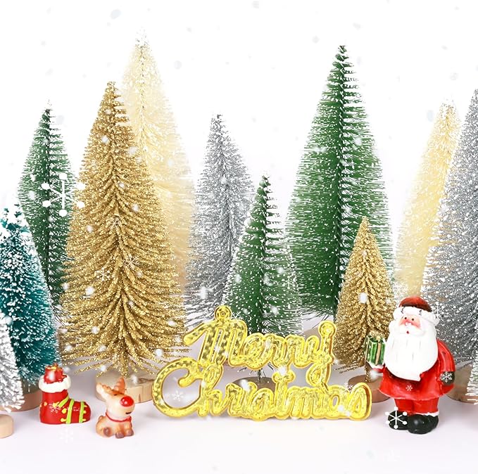 30Pcs Mini Christmas Tree Decor, Artificial Christmas Tree 5 Sizes,Mini Sisal Snow Frost Trees with Wooden Base for Christmas Decor Christmas Party Home Table Craft Decorations (B/Multicolor)