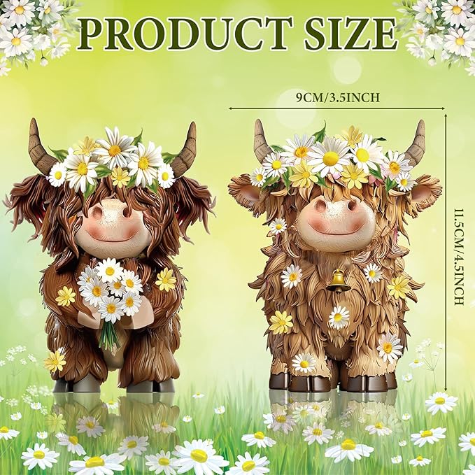 Burbell 2 Pcs Highland Cow Figurines Daisy Flower Highland Cow Gnomes Decor Resin Statue Calf Lovers Gifts for Farmhouse Home Garden Kitchen Office Tiered Tray Table Decor