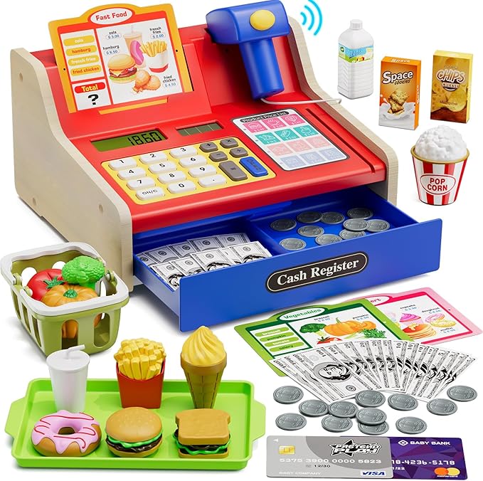 Wee Wonders Wooden Cash Register for Kids with Real Calculator, Rechargeable Cash Register Toy with Scanner/Play Money/Food/Credit Card/Menu, Pretend Play Toys Gifts for Boys Girls Ages 3-8, Blue