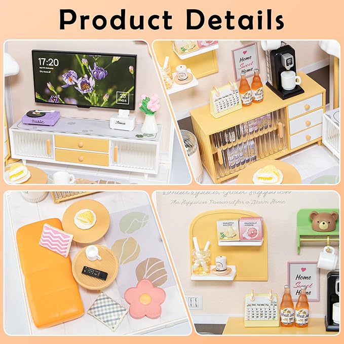 BeepZipp DIY Miniature House Kit for Adults, LED Living Room Dollhouse Kit with Furniture & Roof, Creative Building Toy for Mini Figures, Adult Craft Kits & Room Decor Gift