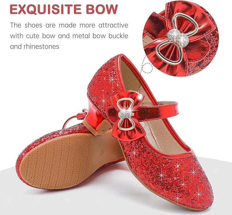 Dufannie Girls Dress Shoes Low Heel Princess Flats Mary Jane Flower Wedding Party Glitter Shoes for Kids Toddler