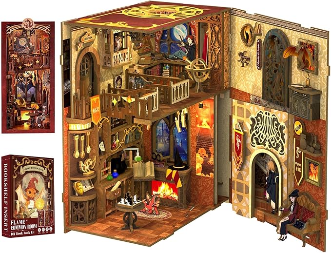 Cutefun Book Nook Kit,3D Wooden Puzzle Bookends,Miniature house kit with dust cover,Bookends Kit with LED Lights,DIY Dollhouse Bookend Tiny House for Adults,Birthday Easter Home Decor for Teens Adults