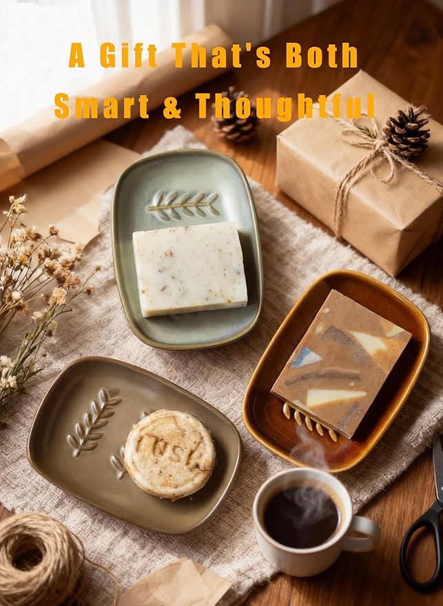 Soap Dish Soap Holder Shower, Ceramic Soap Dishes for Bar Soap Sponge, Farmhouse Shower Soap Dish, Large Soap Saver Tray for Bathroom Kitchen Sink, Easy Cleaning, Extend Soap Life, Brown
