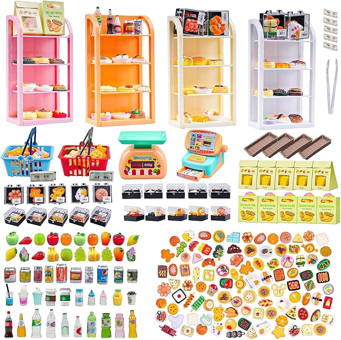 199PCS Mini Shopping Basket Cash Register Cake Donuts Storage Box Shelves Miniature Food Drink Toy Supermarket Metal Handcart Dollhouse Store Grocery Dessert Shop Accessories Trolley Party Model