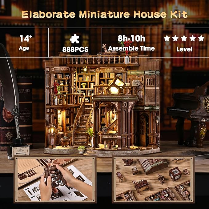 Book Nooks for Adults, DIY Miniature Dollhouse Book Nook Kit, Model Kits Craft Kits for Adults, 3D Wooden Puzzle Book Nook Craft Bookshelf Decor, Adult Craft Kits Gift with Led Light