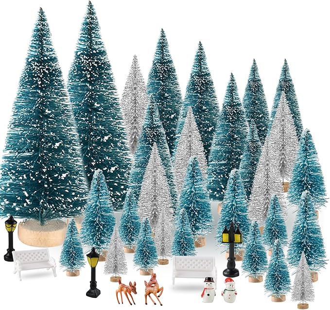 BOUBONI Mini Christmas Tree 35PCS Christmas Village Sets with Crafts Reindeer Snowmen Benches Street Lamp for Xmas Decorations Indoor Party Home Table Craft (Dark Green, Silver)