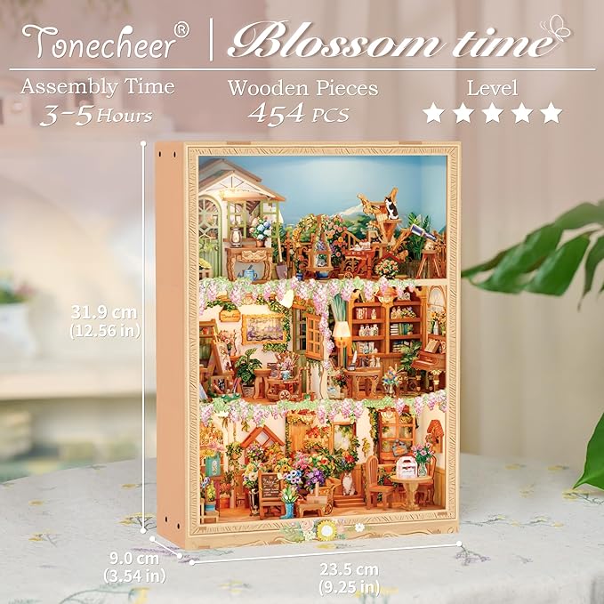 Tonecheer DIY Miniature House Kit, Book Nook Dollhouse Story Frame Kit Wooden 3D Puzzle, Wall Mountable Decor Diorama Model with Dust Cover and LED for Ideal Gift - Blossom Time