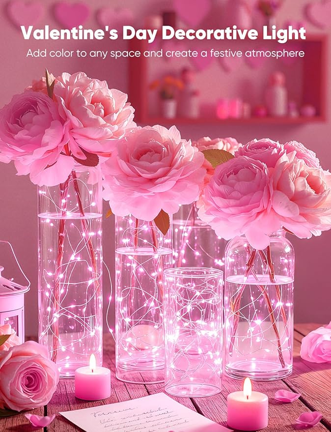 Minetom 12 Pack Pink Christmas Lights, 7ft 20 LED Fairy Lights Battery Operated, Valentines Day Decorations, 8 Modes Timer Waterproof Silver Wire Twinkle Lights, Valentine's Day Lights
