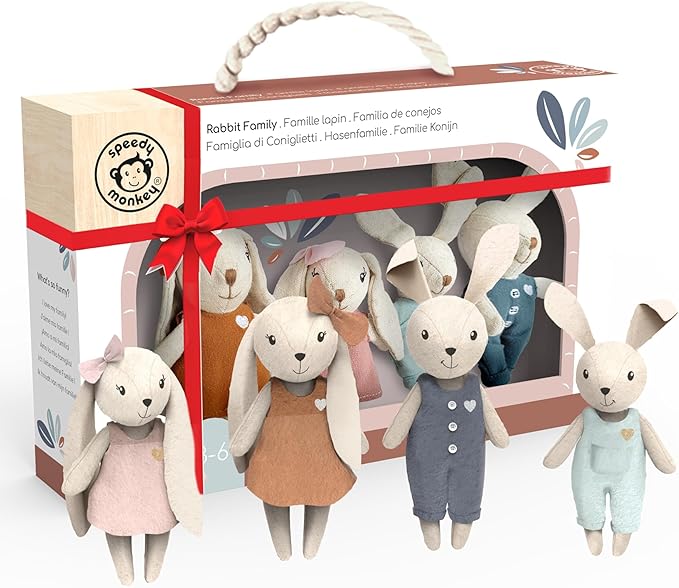 SPEEDY MONKEY Rabbit Family Set – Miniature Bunny Figures with Parents & 2 Baby Rabbits – Pretend Play Doll House Family for Kids, Toddlers, Girls – Cute Dollhouse Decor Toy
