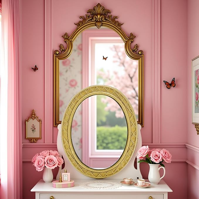 Miniature Dollhouse Mirror European Frame Mirror Dollhouse Victorian Baroque Wall Decor Miniature Bedroom Mini Furniture Accessory for 1/12 Dollhouse Decor