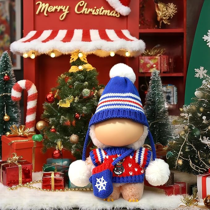 Christmas Clothes for LABUBU Doll (NO Doll), 3-Piece Handcrafted Crochet Christmas Accessories for LABUBU 17cm Dolls, Premium Outfit for LABUBU - Christmas Sweater + Hat + Bag (Blue)