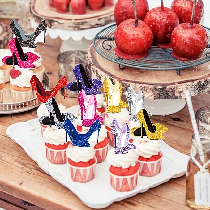 High Heels Cupcake Toppers 48Pcs High Heel Cake Decorations Colorful Stiletto Shoes Birthday Party Decorations Makeup Cupcake Picks for Queen Bachelorette Bridal Shower Supplies