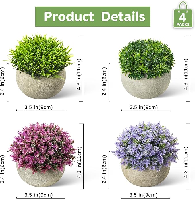 Dominow Mini Artificial Plants in Pots, Set of 4 Small Fake Plants for Home Decor Indoor, Realistic Greenery Faux Potted Plant for Office Desk, Bathroom, Shelf, or Table Decoration