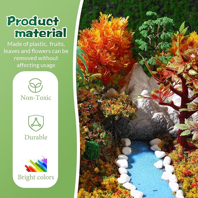 Canlierr 28 Pcs Miniature Model Trees for Diorama Mini Tiny Fake Plastic Fall Maple Trees with 40g Faux Moss for Villages, Craft, Model Train Autumn Scenery Accessories