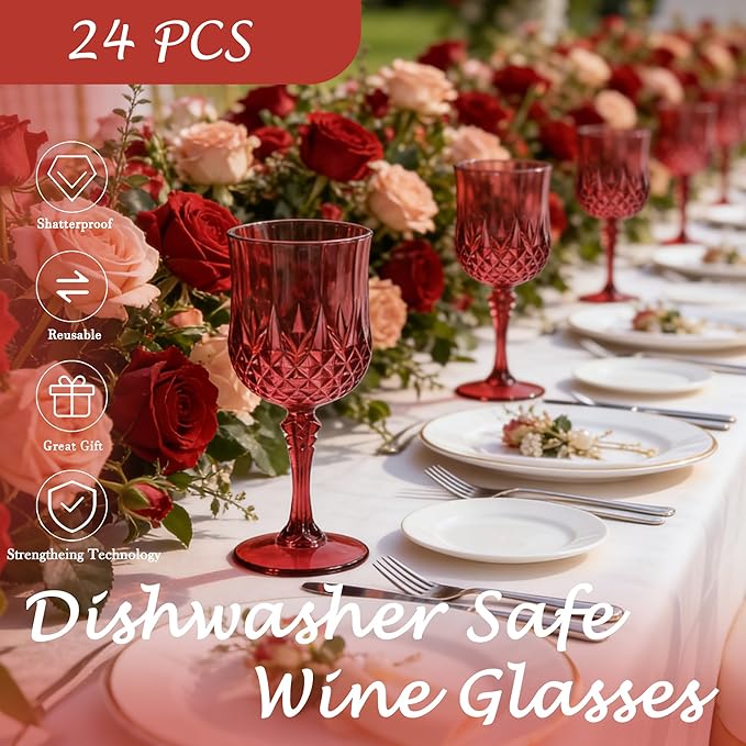 LEYIQU Plastic Wine Glasses, Plastic Goblets Vintage Style Cordial Drinking Glasses for Valentine’s Day, Wedding Reception, Grand Event Party Supplies (24, Scarlet Rose)