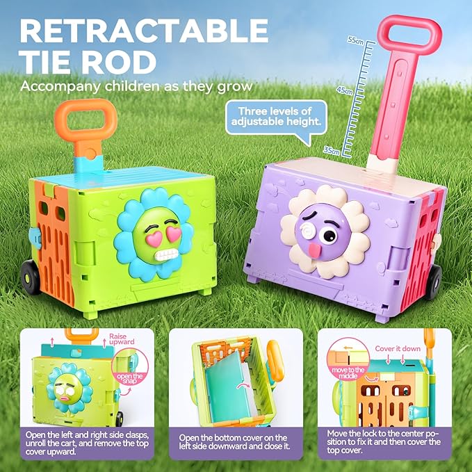 45PCS 3-in-1 Toddler Girl Foldable Shopping Cart Trolley Play Set W/Pretend Play Food for Kids Kitchen ,Cutting Fake Food W/Pizza ,Hamburger ,Play Kitchen Accessories,Gifts for Boys and Girls Ages 3+