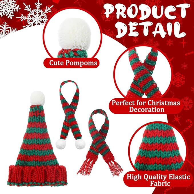 Geyoga 16 Pcs Mini Knit Doll Hat Valentines Day Small Santa Hat for Craft Winter Mini Snowman Hats and Scarf Tree Ornaments Snow Stripe Heart Wine Bottle DIY Decor Gifts