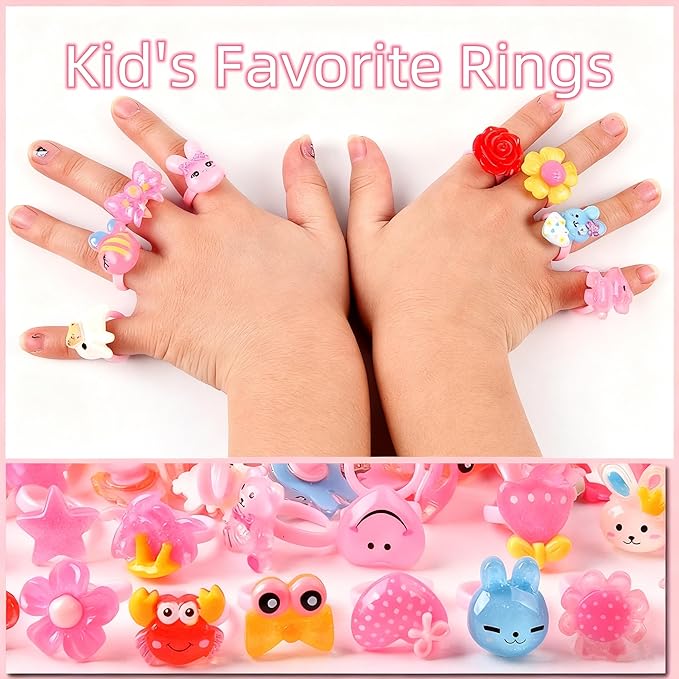 50PCS Kids Rings Blind Bags, Random Assorted Cute Cartoon Animal Fruit Flower Adjustable Plastic Rings for Girls, Surprise Blind Bag Party Favors, Birthday Gifts, Classroom Rewards