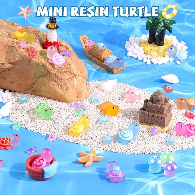 160PCS Mini Resin Animals Colorful Tiny Turtles Glow in Dark, Miniature Figures to Hide, Little Animal Small Figurines for Topper Desk Garden Dollhouse Landscape Aquarium Ornaments Crafts & Decor