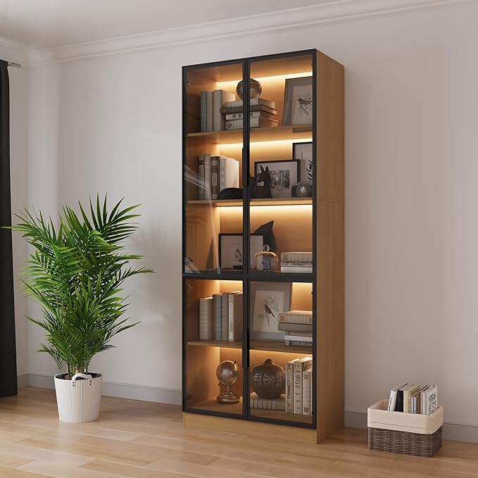 78.7" Display Cabinet with 4 Glass Doors, 5 -Tier Storage Cabinet with LED Lights, Tall Walnut Bookcase with Storage, Wooden Display Case for Collectible, Living Room, Office (Oak)