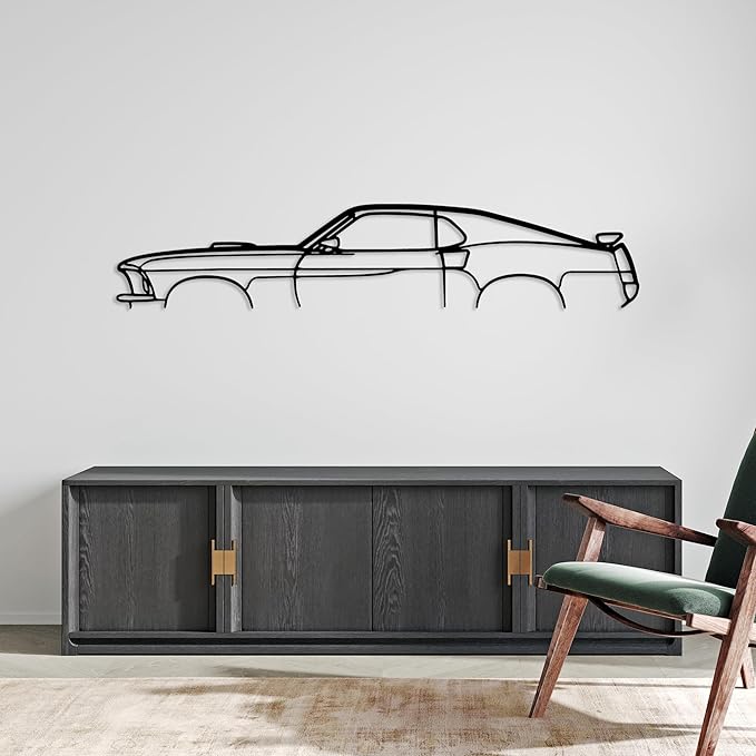 DecoSoul Mustang Metal Car Wall Art, Sports Car, Automotive Silhouette Line Decoration, Minimalist Sculpture for Garage, Indoor Outdoor Wall Hanging, Gift for Boyfriend (Black - 55 x 15.1” inch)