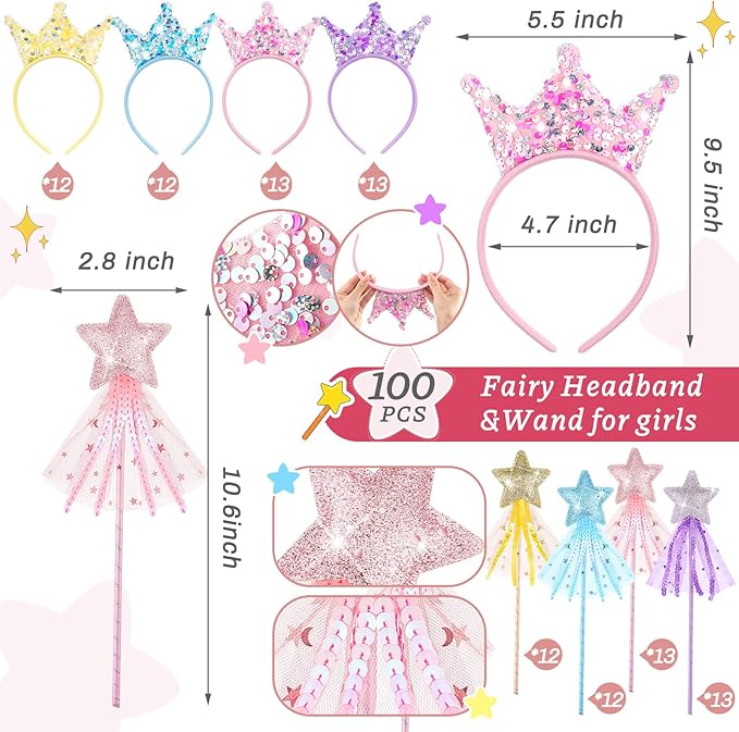 Hollowfly 12 Pcs Princess Party Favors Including 6 Glitter Star Fairy Wands and 6 Sequin Princess Crown Headbands for Girls Birthday Party Gifts