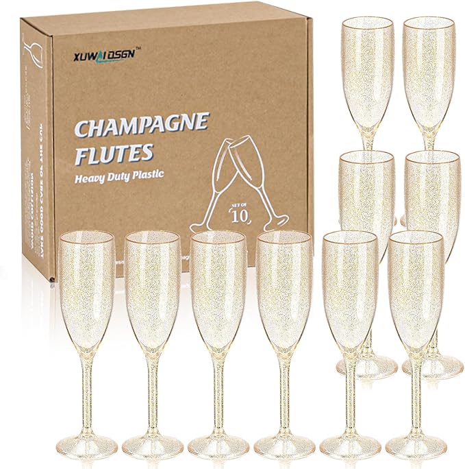 XUWAIDSGN 10 Pcs Reusable Champagne Flutes Plastic Wine Glasses Bulk Vintage Champagne Flutes Mimosa Bar Glasses Stemmed Drinking Cups 5.4OZ for Christmas Birthday Wedding Bride