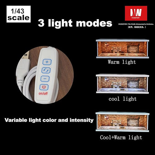 1/43 Diorama Display Case with Tri-Colour Dimmable Lighting, Fits for Hot Wheel Matchbox Mini GT Diecast Cars Model,1:43 Car Garage Parking Lot Scene Display Storage (Red Brick)