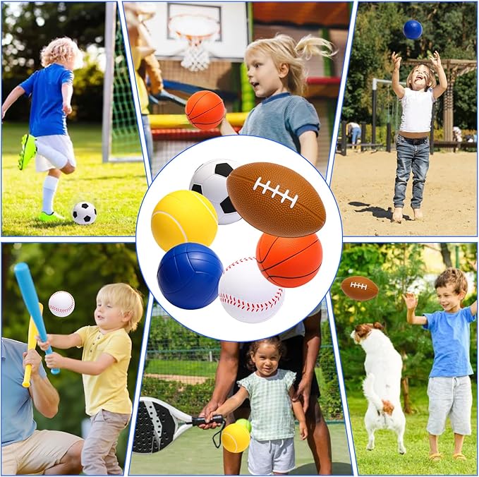Urspasol Mini Sports Balls Set of 6 Foam Balls for Kids 3.5 inch Soft Ball for Toddlers 1-3 with Bag Includes Soccer, Basketball, Football, Baseball,Tennis and Volleyballs- Throwing Toys for Babies