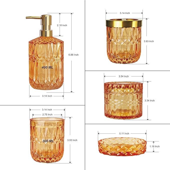 LaMarriti Orange Bathroom Accessories Set, 5Pcs Clear Glass Bathroom Set, Lotion Soap Dispenser, Soap Dish, Tumbler, Toothbrush Holder Set, Qtips Holder for Vintage Bathroom Decor, Gift Set