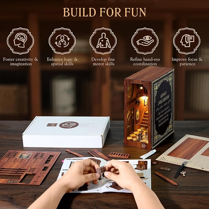 MoKo Book Nook Kit, 3D Wooden Puzzles Booknook with LED Lights, DIY Miniature House Kit, Book Nook Decor Gifts for Adults Family