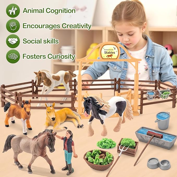 35 PCS Horses Toys Set for Kids, Solid Realistic Horse Stable Playset Barn Toys for Girls, Ideal Birthday Farm Animals Gift for Toddlers