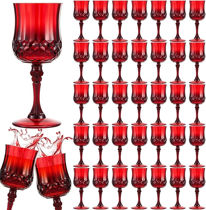 Pinkunn 50 Pcs 7 oz Plastic Vintage Wine Glasses Reusable Colored Goblets Patterned Drinking Water Glasses Cup Dishwasher Safe for Valentine's Day Wedding Reception Party Supplies (Red)