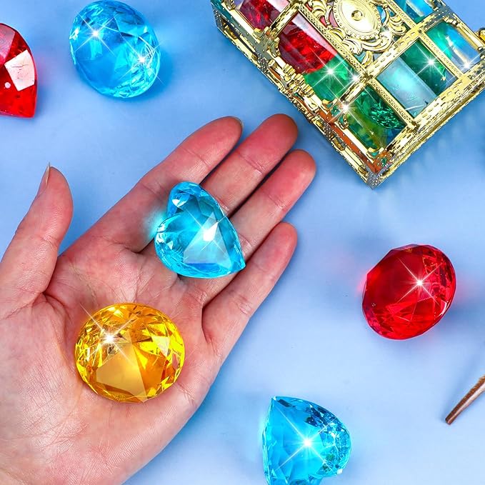 MARFOREVER 12 Pcs Large Dive Gems, Big Colorful Diamond Gems for Kids with 2 Pirate Treasure Chest Boxes Mesh Bag Underwater Pool Sinking Gems Crystal for Boys Girls Swimming Beach Bathroom Water Toys