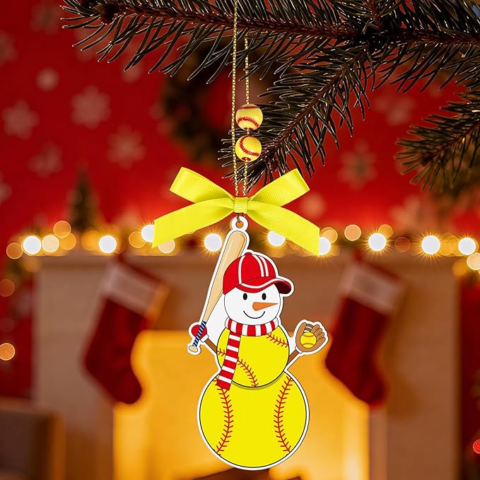 4.3 Inches Snowman Softball Christmas Ornament, Wooden Softball Snowman Tree Ornament Hanging Decoration for Rearview Mirror, Window, Eaves, Fireplace and Home Holiday Party Decor